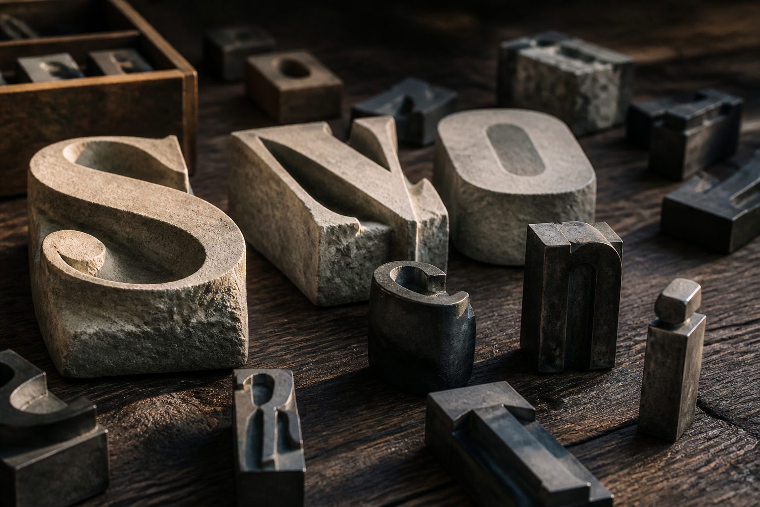 Carved letterforms and metal type on dark oak