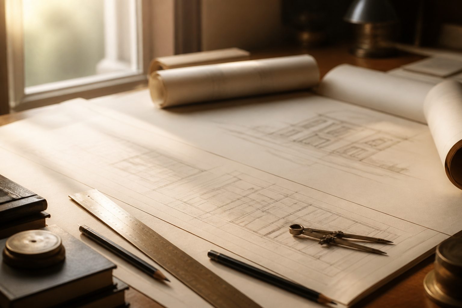 Drafting table with blueprint sheets and brass drawing tools