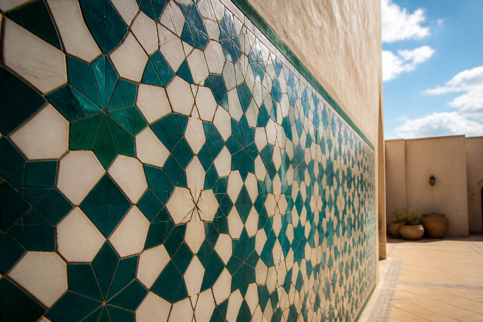 Sunlit zellige tile wall with star geometry